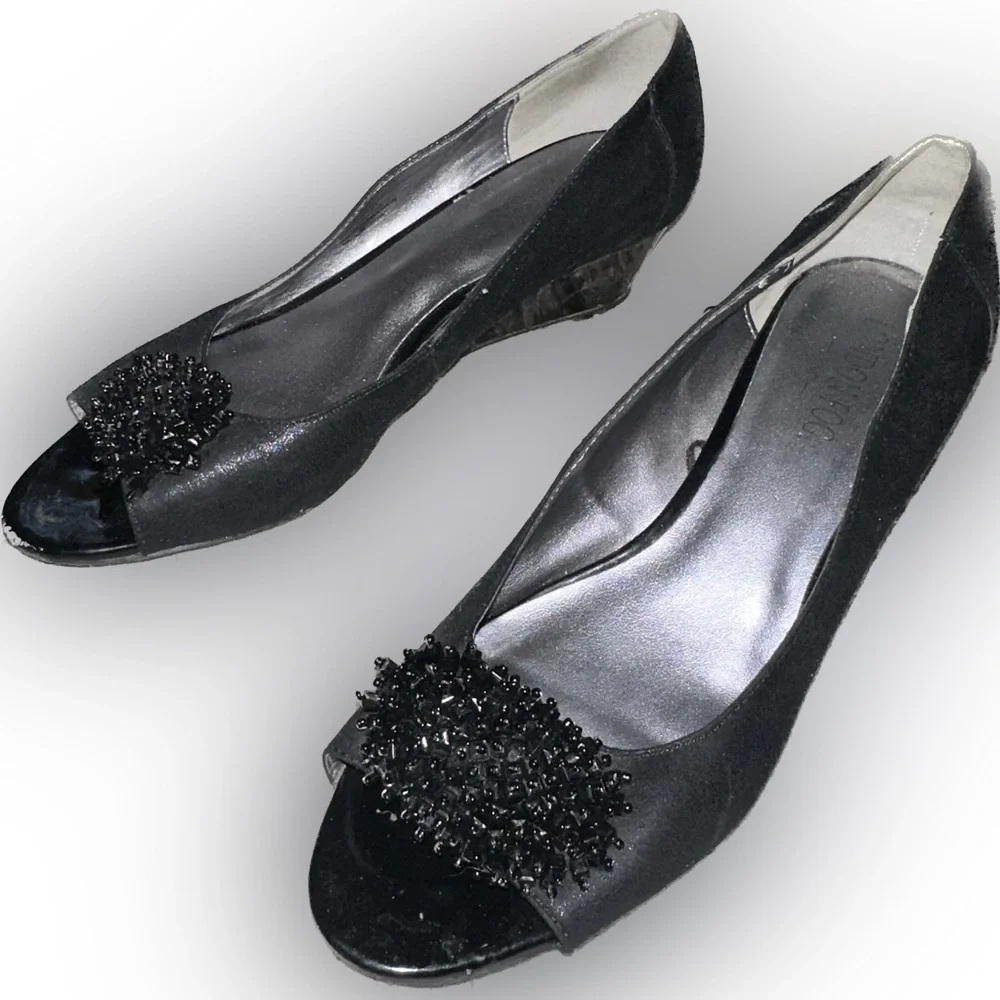London Fog Black Embellished Demi Wedges